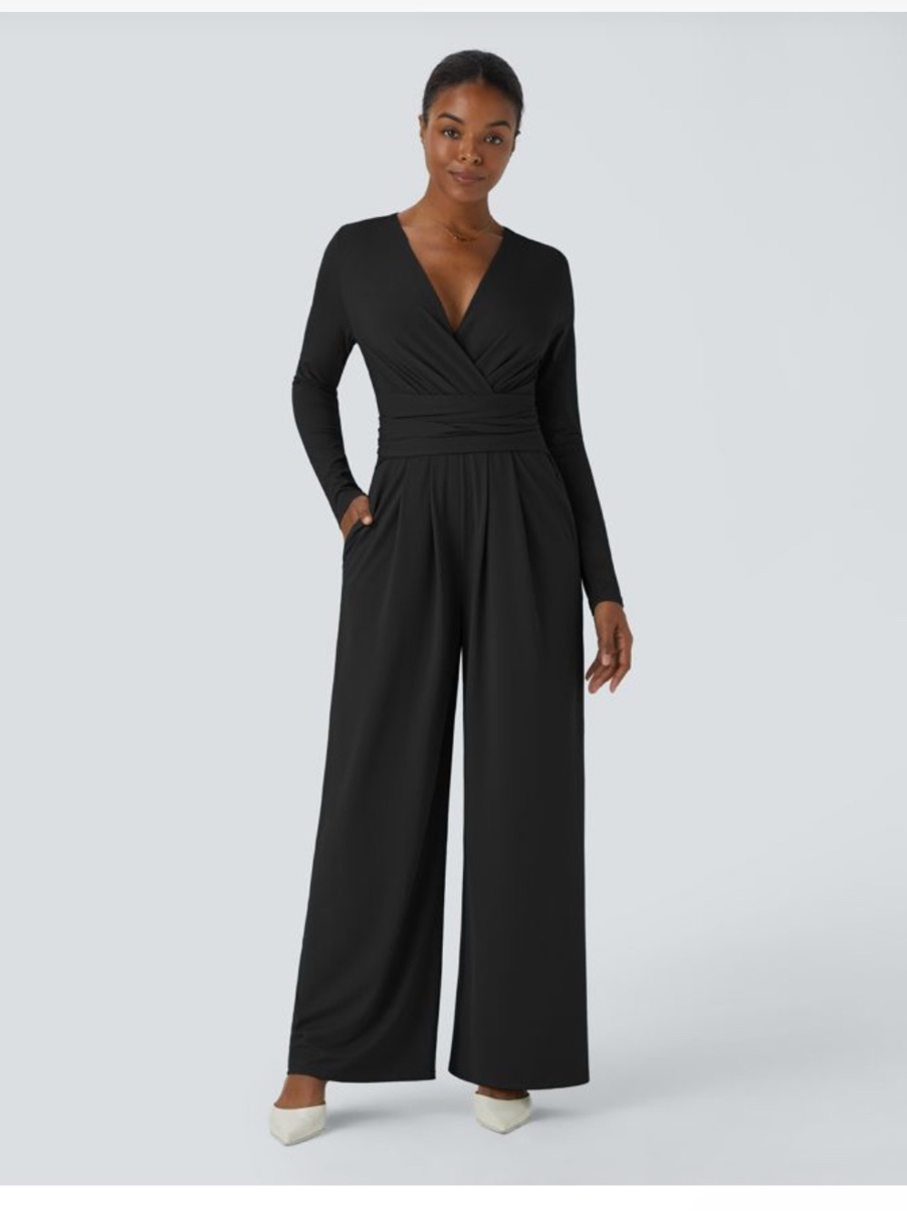 Halara L long-sleeve, wide-leg jumpsuit, crossover V-neckline fabric tie-belt